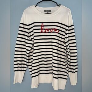 Marled Women's 2X XXL  Striped Love Embroidered Knit Sweater Top Pullover White